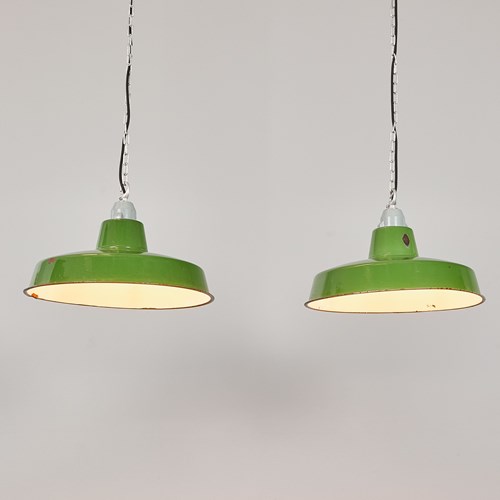 1960'S Short Industrial Green Enamel Pendant Lamps - Pair