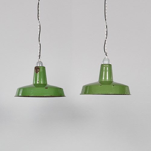 1960'S Industrial Mint Green Enamel Pendant Lamps - Pair