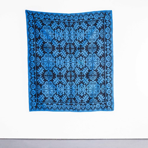 1950'S Handmade Blue & Black Folk Hungarian Wool Bedspread