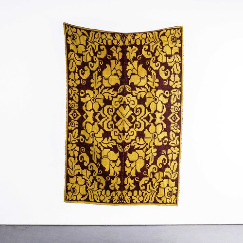 1950'S Handmade Yellow & Brown Folk Hungarian Wool Bedspread