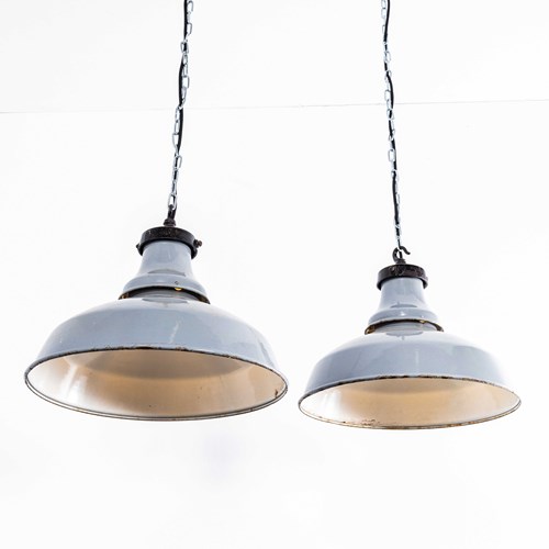 1960’S Shallow Domed GEC Enamelled Pendant Lamps – 16 Inch – Pair