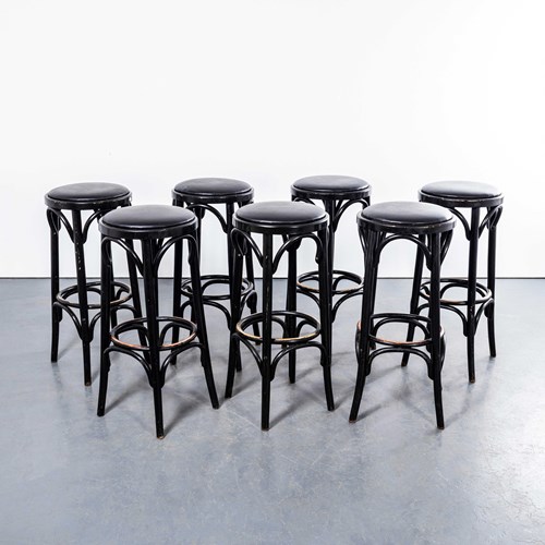 1970'S Tall Ebonised Upholstered Bar Stools - Set Of Seven