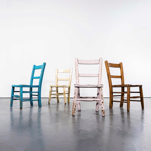 1950'S English Painted Children's Chapel Chairs Mixed Colour - Set Of Four