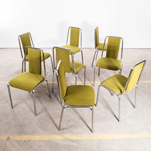 1980'S Olive Green Upholstered Chrome Framed Stacking Dining Chairs - Set Of Eig
