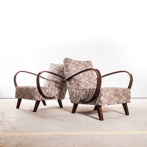 1950’S Jindrich Halabala Armchairs In Original Floral Jacquard Fabric