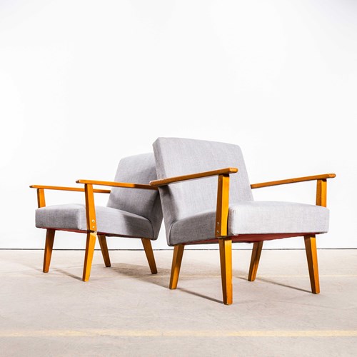 1950’S Mid Century Grey Brushed Cotton Upholstered Armchairs With Straight Arms 