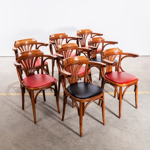 1970'S Red Upholstered Fanback Arm Dining Chairs - Set Of Eight