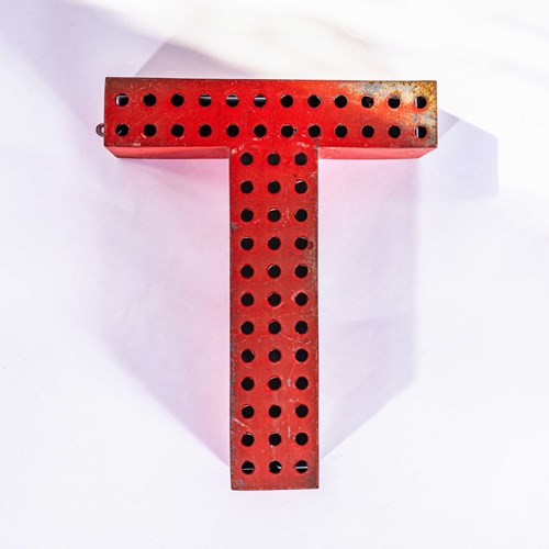 1950’S Original Large French Metal Shop Signage Letters – Perforated Red T