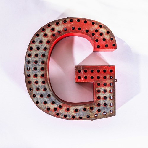 1950’S Original Large French Metal Shop Signage Letters – Perforated Red G