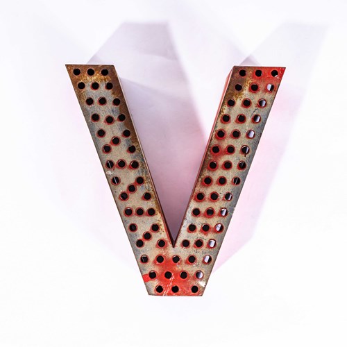 1950’S Original Large French Metal Shop Signage Letters – Perforated Red V