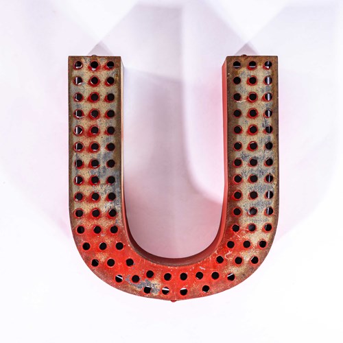 1950’S Original Large French Metal Shop Signage Letters – Perforated Red U