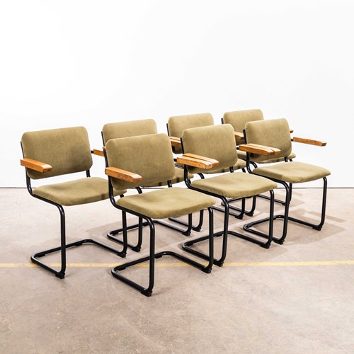  1970'S Cantilever Peninsular Blue Frame Dining Chairs With Sage Green Upholster