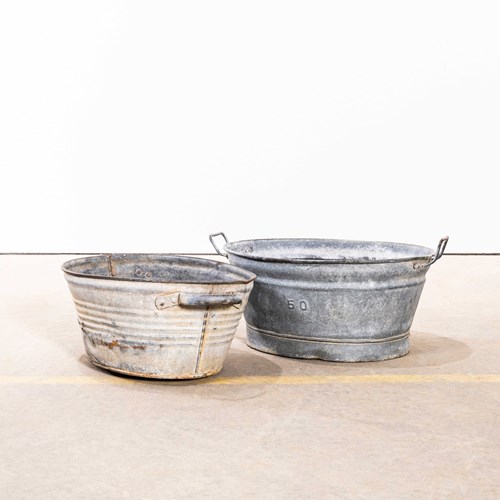 Vintage French Galvanised Laundry Tubs - Pair