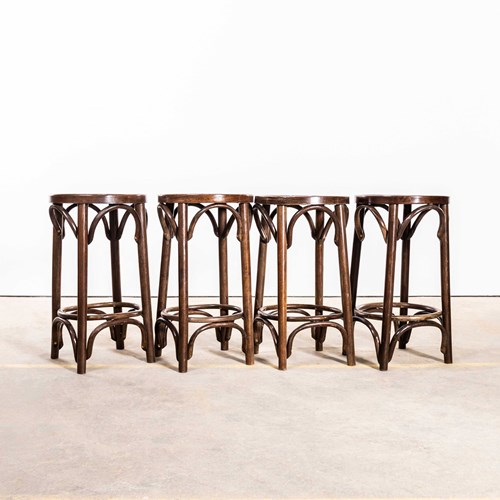 1970’S Dark Oak Low Bentwood Bar Stools - Set Of Four