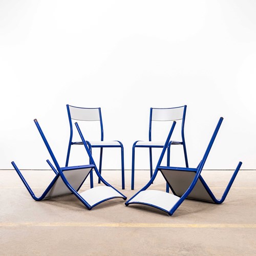  1970’S French Mullca White And Blue Laminate Stacking Dining Chairs - Set Of Fo
