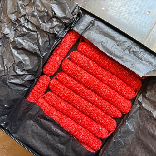 Contemporary Hand Knitted Bright Red Saucisson Selection - Clemence Joly