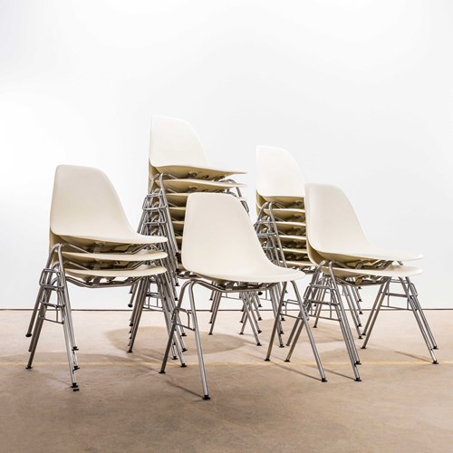 Contemporary Vitra DSS White Plastic Side Dining Chair Designed By Eames