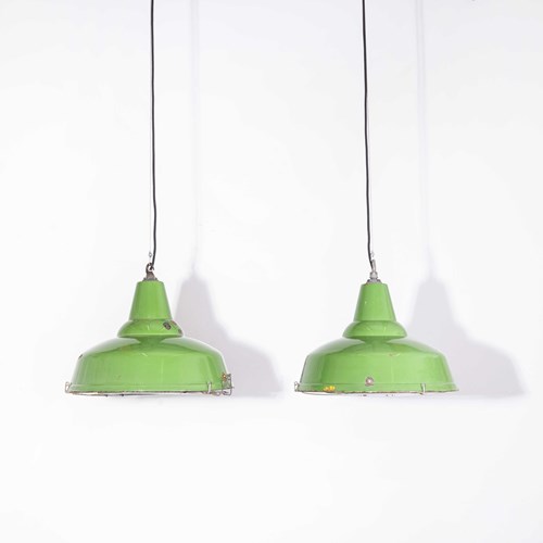 1940'S Real Industrial Enamel Green Single Pendant Lamp - 16 Inch Caged Pair