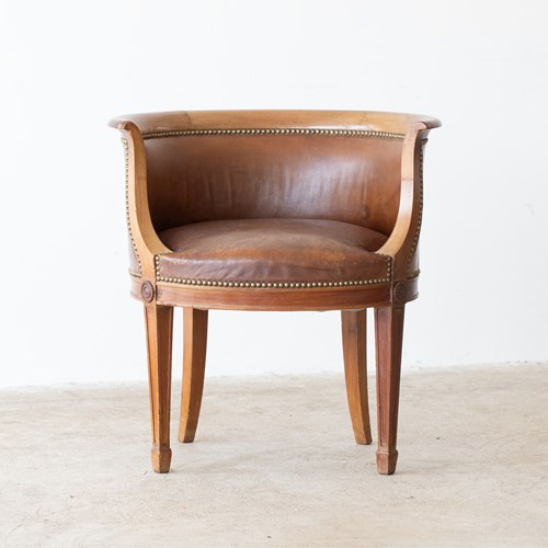Tan Leather & Walnut Tub Chair