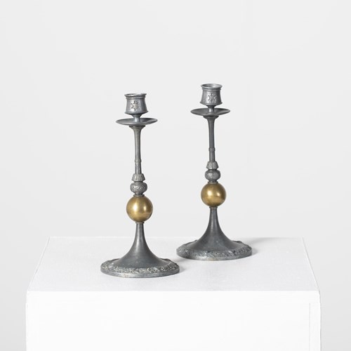 French Pewter & Brass Candlesticks