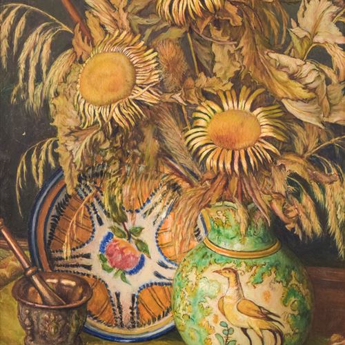 Magnificent Still Life With Sunflowers And Majolica Jug