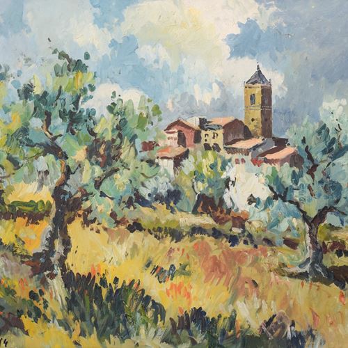 Post Impressionist Landscape With Olive Trees And Village Church