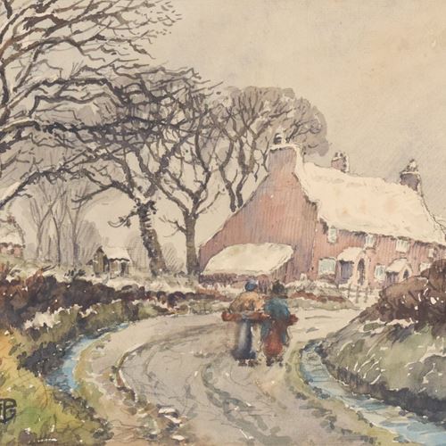 Impressionist Watercolour. Village In The Snow