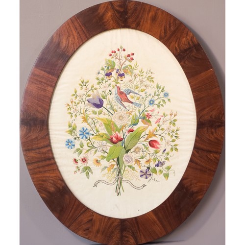 Framed Embroidery With Flowers And Birds