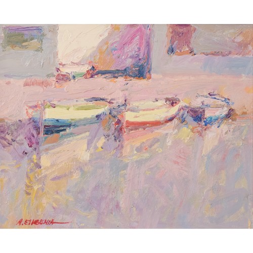 Post Impressionist Oil Of Fishing Boats