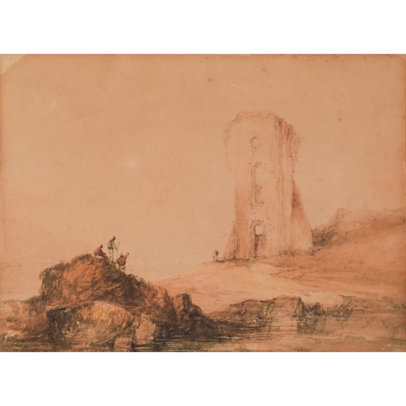 19Th Century Watercolour - Figures And Tower-modern-decorative-1282-watercolour-mountains-withs-ruins-1-square-main-637896902605543133.jpg