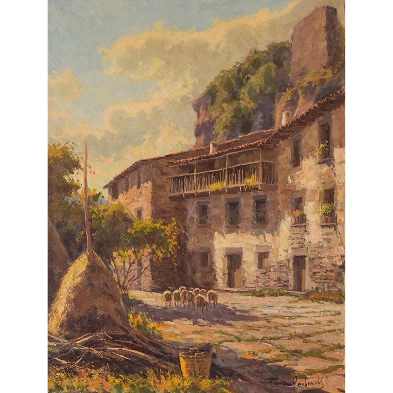 Francesc Carbonell Massabe - Farmyard with Sheep-modern-decorative-1355-05-house-and-sheep-oil-1-square-main-637855317262076681.jpg