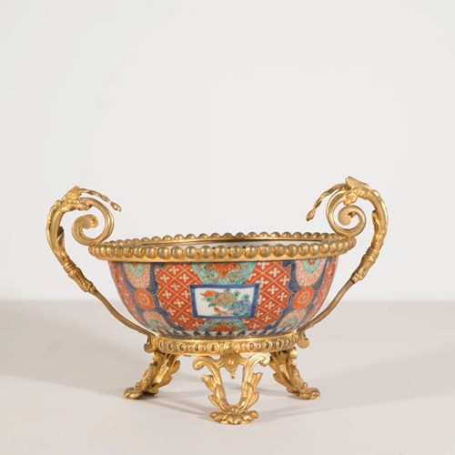 19Th Century Chinese Or Japanese Imari Porcelain Bowl With Gilded Mounts