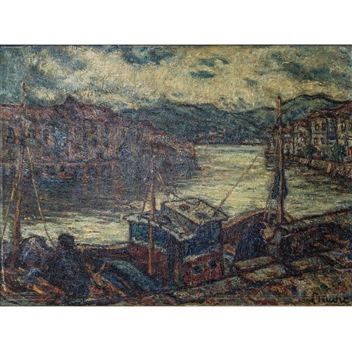 Atmospheric Signed Impressionist Oil Of Barges In A Port