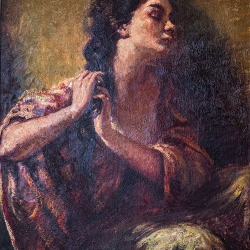 Senorita Plaiting Her Hair - Large Framed Oil On Canvas