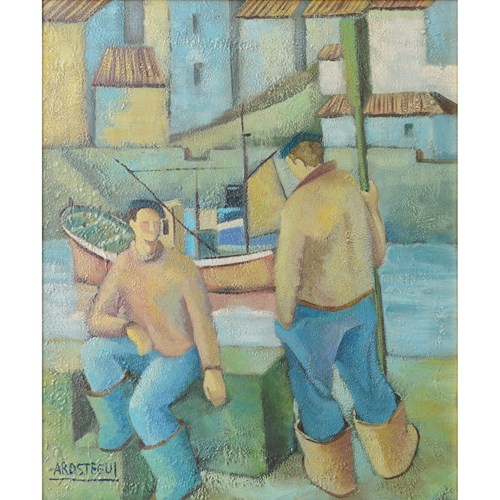 Two Fishermen - Cubist Influenced Oil - Jose Ramon Arostegui