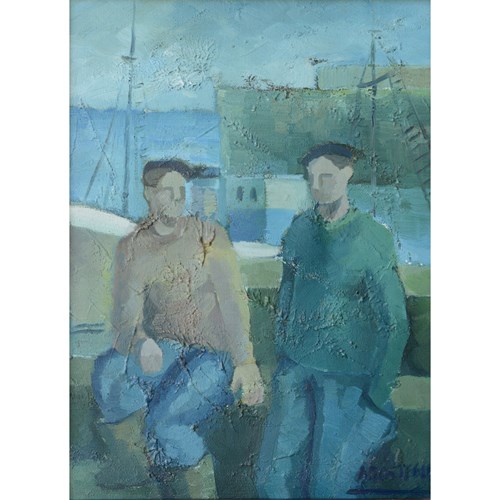 Two Fishermen - Cubist Influenced Oil - Jose Ramon Arostegui