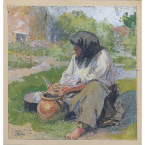Peasant Lady Smoking A Pipe While Working - Framed Watercolour