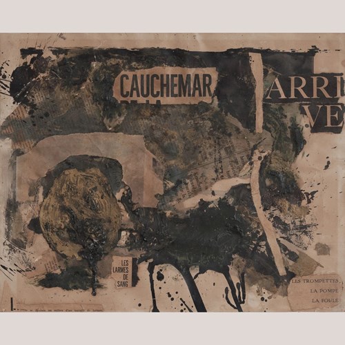 Interesting Mid-Century Newspaper Collage In Black And Ochre