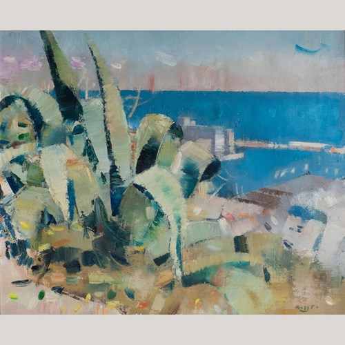 Seaside Agave - Abstract Mediterranean Landscape Oil Painting