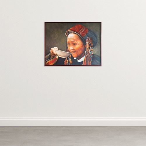 Portrait Of A Tribal Woman Drinking Tea - Oil On Canvas