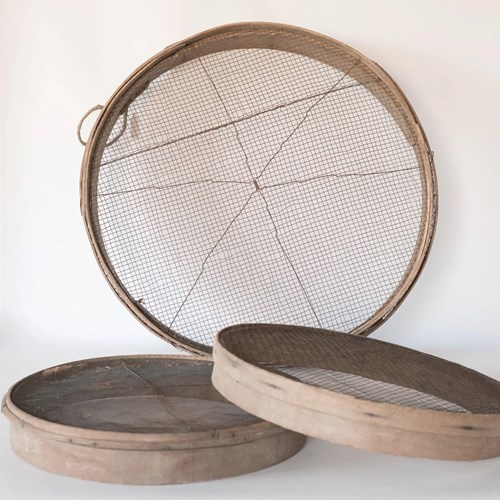Set Of Three Rustic Wooden Grain Sieves