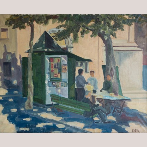 Vintage European Street Scene With Newspaper Kiosk | Possibly Signed Català