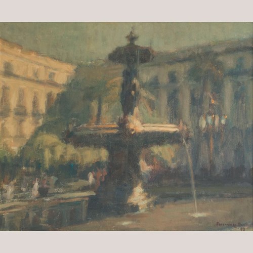 Plaça Reial (Royal Square) Barcelona - Impressionist Oil On Canvas - Signed