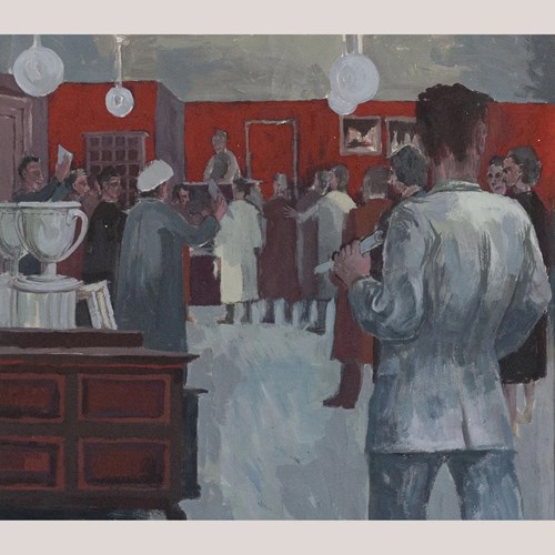 Art And Antiques Auction Scene Gouache Painting