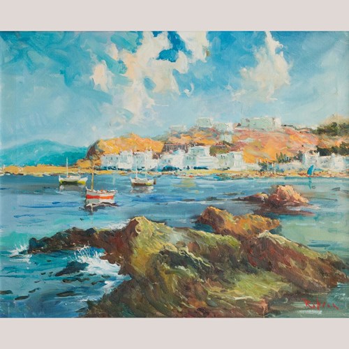 Port De L'escala Coastal Harbour Scene, Signed Oil On Canvas