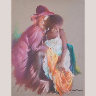 Lady And Child Vintage Pastel Study...