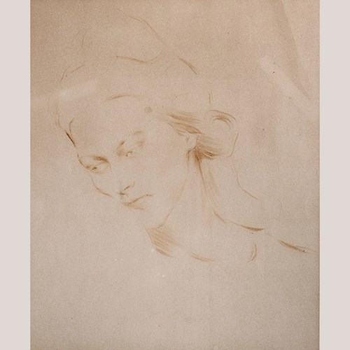 Female Portrait Study Drawing - Signed - 19Th Century