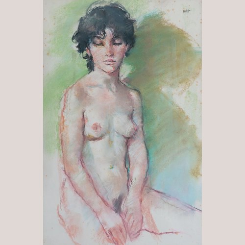 Mid-Century Seated Female Nude Pastel & Watercolour, Signed