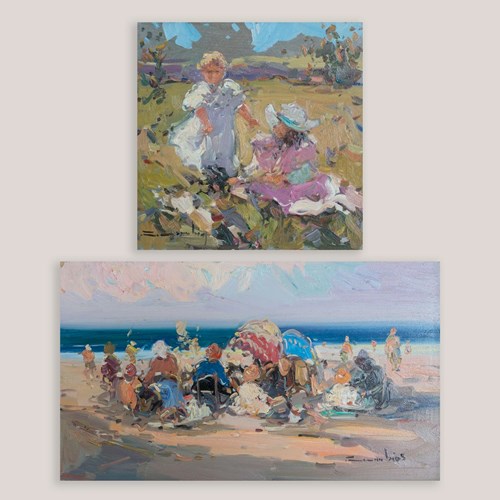 Two Impressionist Coastal & Countryside Oil On Board Paintings, Signed