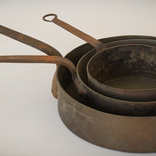 Set Of Three - Antique Copper And Iron Handled Saucepans